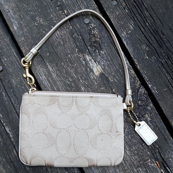 Coach Beige Signature With Gold Accent Wristlet - Picture 6 of 7